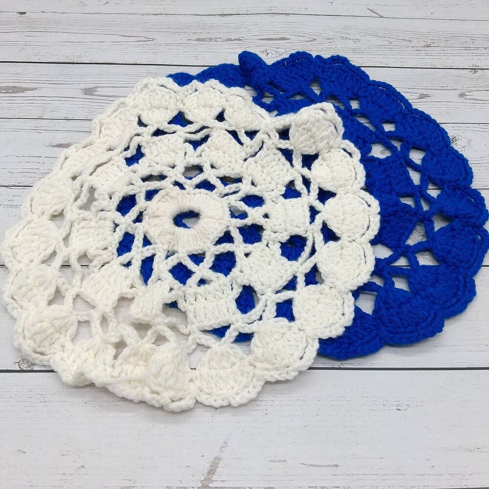 Lot of 2 Crocheted Vintage Doilies 12" White & Blue Cottage Core Kitchen Decor